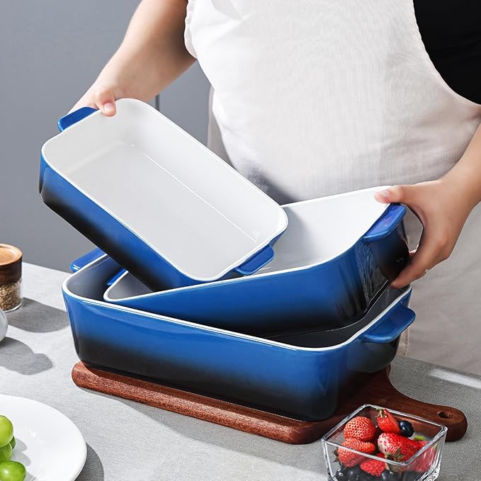 Casserole Dishes for Oven: Ceramic Rectangular Baking Dish, 14.5''/13''/10.5'' Lasagna Pans, Bakeware Sets for Cooking, Kitchen, Cake Dinner, Banquet and Daily Use, Blue