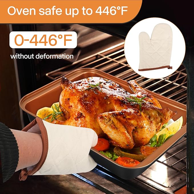 Baking Pans Set 6-Pieces, Non Stick Bakeware Set Stackable, with Cookie Sheet, Muffin, Round/Square Cake Pan, Loaf Pan, Rack, Oven Mitt for Home Baker, Gold