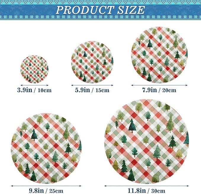 5 Pcs Bowl Covers Reusable in 5 Size Elastic Food Cover Cloth Lids Fresh Keeping Dish Cookware Bakeware Fabric Covers Lids for Food Leftovers Fruits Storage Watercolor Christmas Plaid Trees