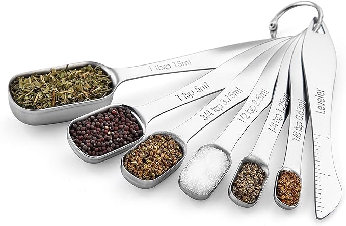 Spring Chef Stainless Steel Measuring Spoons Set of 7 with Leveler, Rectangular Metal Teaspoon & Tablespoon Measuring Spoons for Dry & Liquid Ingredients - Nesting Kitchen Gadgets For Baking & Cooking
