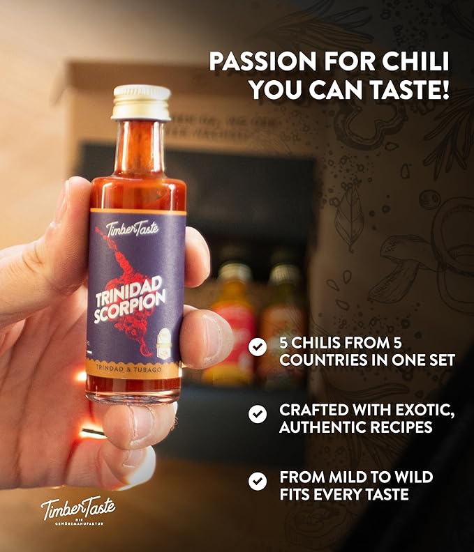TIMBER TASTE® World Hot Sauce Gift Set [5x1.35 oz] Hot Sauce Variety Pack - Spicy Condiment Set for Heat Lovers in Mini Bottles - Gourmet Spicy Food Gifts for Women & Men - Birthday Gifts for Men
