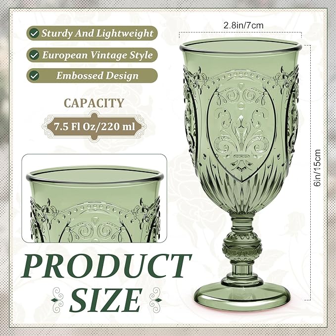 24 Pcs Plastic Goblets 7.5oz Vintage Goblet Plastic Wine Glasses Colored Retro Embossed Water Goblets for Wine Bar Juice Baby Shower Wedding Reception Grand Event Party (Olive Green)
