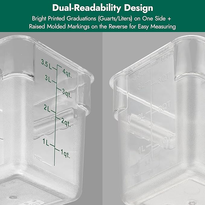 CURTA 4 Pack Food Storage Container with Green Lid - NSF Listed Commercial Grade in 2.0 Qt - Square, Clear, Polycarbonate
