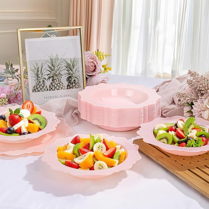 COLOSUS Pink Plastic Party Bowls (60 Pack) 12 Oz Disposable Soup/Salad Bowl, Fancy Shatterproof Dinnerware for Easter, Catering, Holidays, Weddings, and Everyday Use