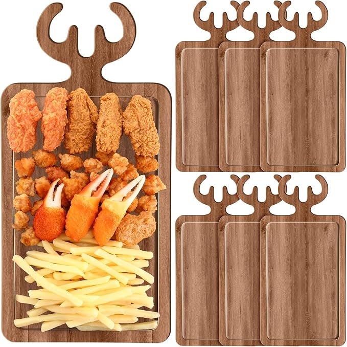 6 Pcs Christmas Appetizer Platter 12 Inch Cutting Board Acacia Serving Trays Wood Charcuterie Board Tray Snack Dessert Candy Dish Plate for Kitchen Gifts (Deer Antler,Rectangle)