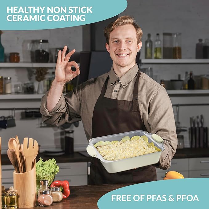 Boxiki Kitchen 8x8 Baking Pan - Non Stick Ceramic Square Cake Pan for Oven - Brownie Pan with Silicon Handle, Durable & Warp Resistant