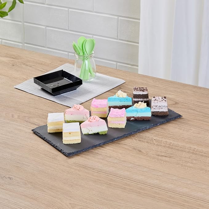 Restaurantware Slate Serving Trays 4 Pack of 11.8" x 6" Foam Feet Charcuterie Stone Plates Rustic Edges Freezable Black Serving Display Cheese Boards for Kitchen, Gourmet, Dining, Parties