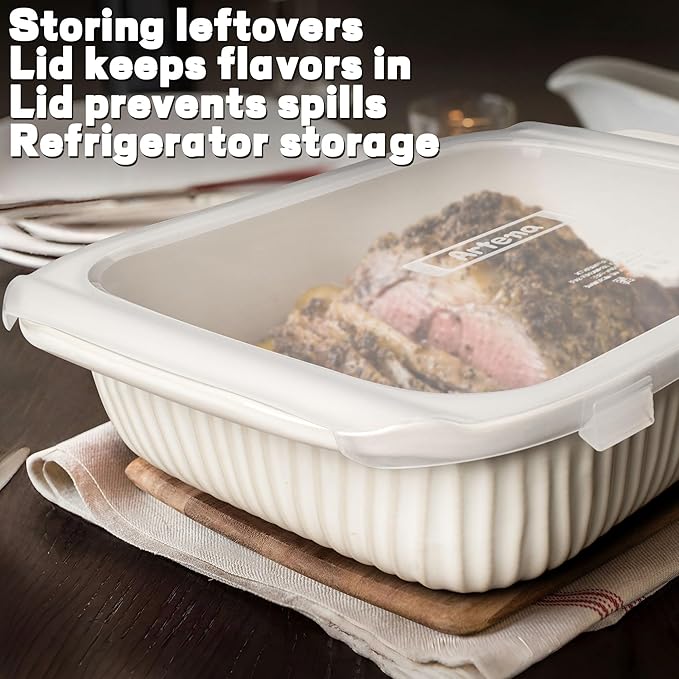 Artena Baking Dish 5.1 Quarts, Casserole Dishes For Oven, Baking Pan With Handles, Lasagna Pan Deep, Large Casserole Dish, Rectangular White Ceramic Bakeware (Baking Dish With Lids)