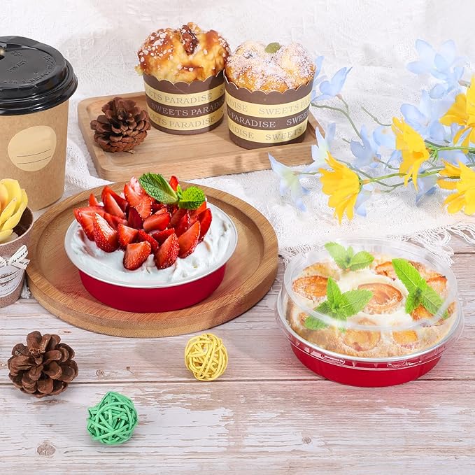Beasea Disposable Mini Pie Tins with Lids, 50 Pack 4” 8oz Bright Red Aluminum Baking Foil Tins Small Round Tart Container for Individual Dessert Cupcake Muffin Cheesecake Ramekin Quiche Oven Dishes