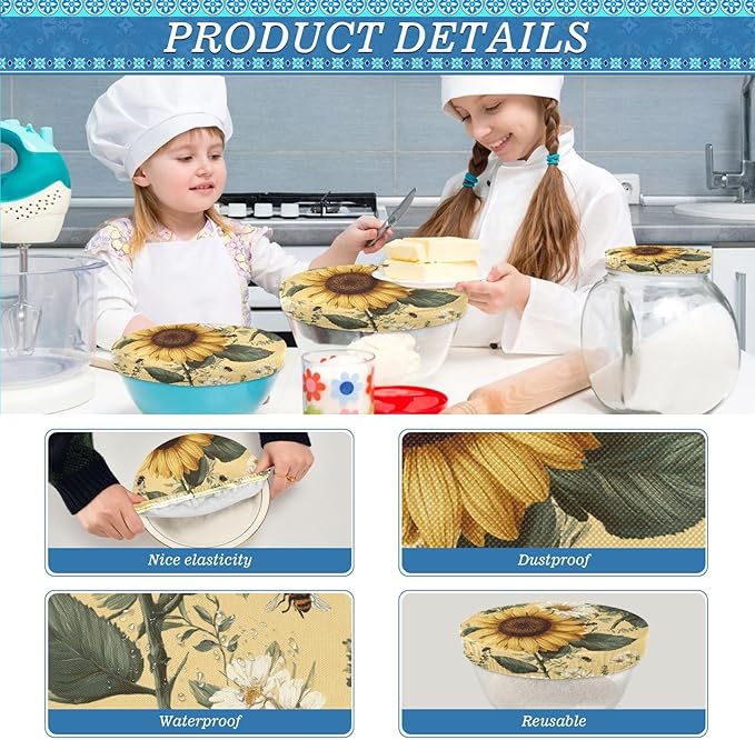 5 Pcs Bowl Covers Reusable in 5 Size Elastic Food Cover Cloth Lids Fresh Keeping Dish Cookware Bakeware Fabric Covers Lids for Food Leftovers Fruits Storage Yellow Sunflowers and Daisies