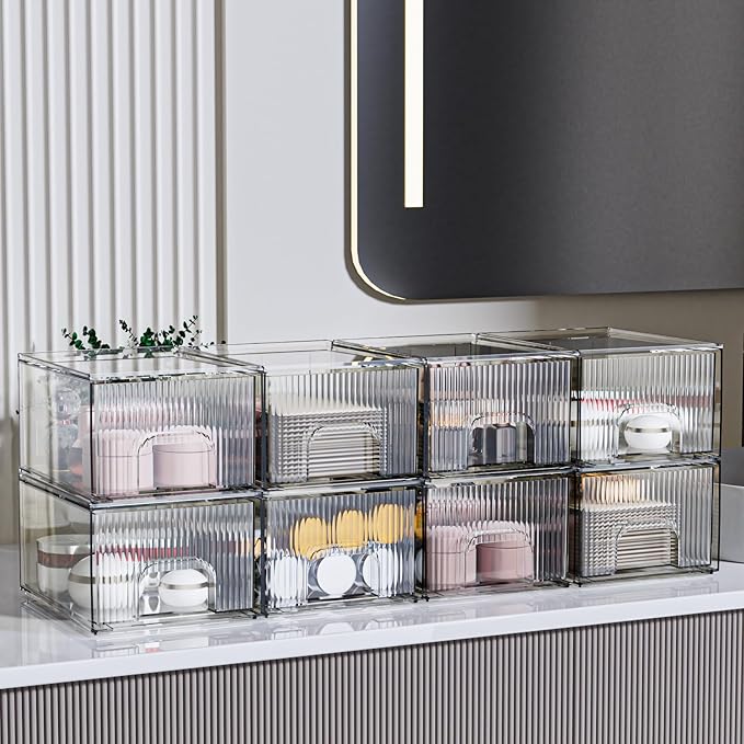 ZJIAI 8 Pack Clear Stackable Storage Drawer, Acrylic Drawer, Cosmetic Organizer, Plastic Organizer for Dresser, Under, Kitchen Cabinet, Pantry, Home Organization and Storage