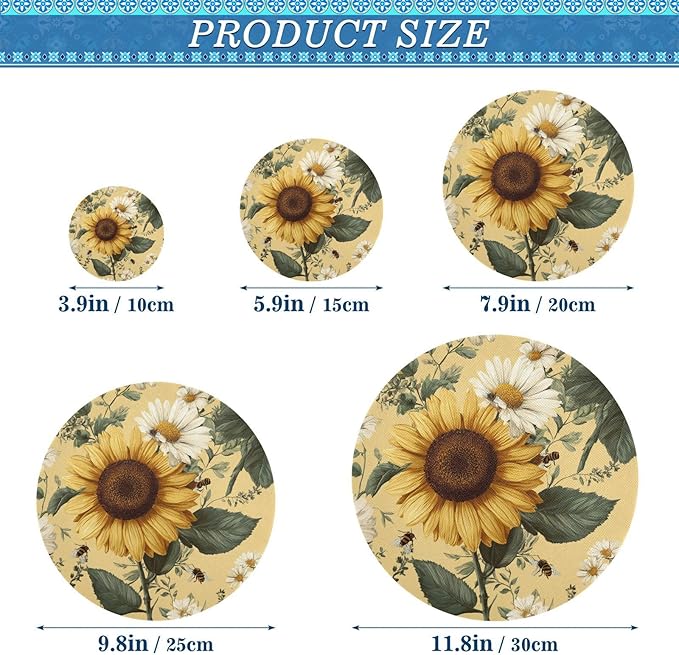 5 Pcs Bowl Covers Reusable in 5 Size Elastic Food Cover Cloth Lids Fresh Keeping Dish Cookware Bakeware Fabric Covers Lids for Food Leftovers Fruits Storage Yellow Sunflowers and Daisies