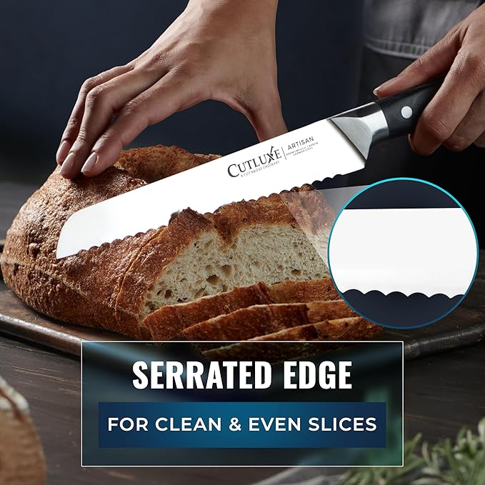 Cutluxe Bread Knife – 8" Serrated Bread Knife for Homemade Bread, Sourdough, Bagel – Razor Sharp High Carbon German Steel Blade for Slicing & Cutting – Ergonomic Handle – Artisan Series