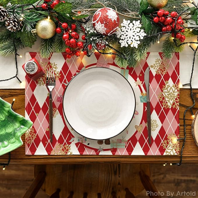 Red Diamond Plaid Nutcracker Snowflake Christmas Placemats Set of 4, 12x18 Inch