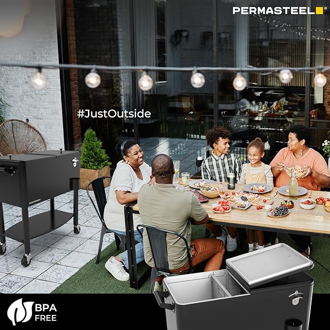 Permasteel 80 Quart Party Cooler, Rolling Ice Chest with Wheels and Handles for Indoor Outdoor Patio