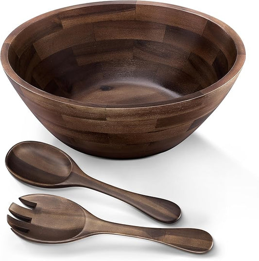 Acacia Wood Salad Bowl Set with Spoon, Fork - Large Salad Bowl with Serving Utensils - Big Mixing Bowl (12.2" Diameter x 4.75" Height) (Walnut Color)