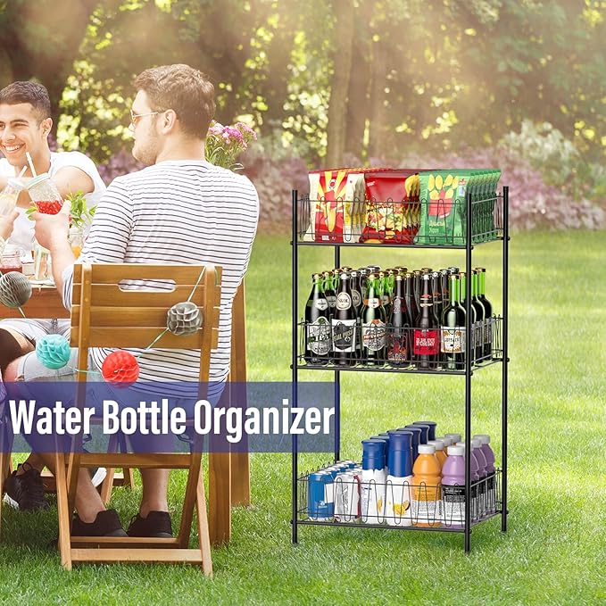 smusei 3 Tier Drink Organizer for Pantry Water Bottle Storage Rack, Multifunctional Drink Storage Free Standing Bottled Water Holder Beverage Soda Can Tumbler Dispenser Stand for Kitchen