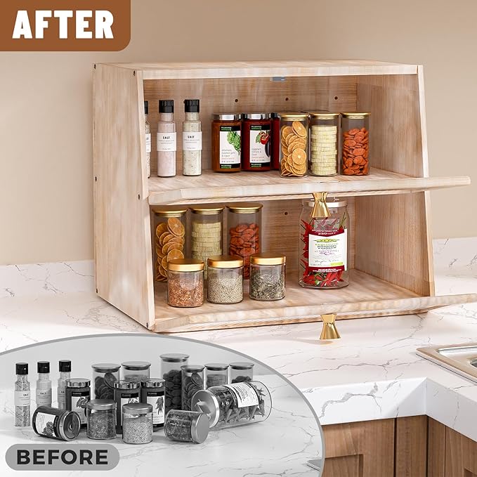 Vintage Double Layer Bread Box for Kitchen Countertop，Large White Bread Boxes Wooden Breadbox Bread Storage Container Bin Bread Holder(Vintage White)