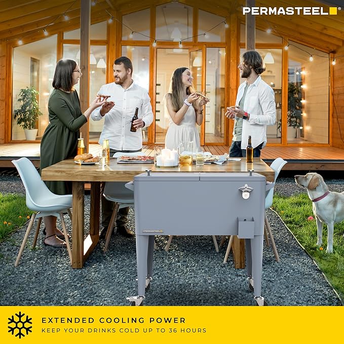 Permasteel 80 Quart Party Cooler, Rolling Ice Chest with Wheels and Handles for Indoor Outdoor Patio