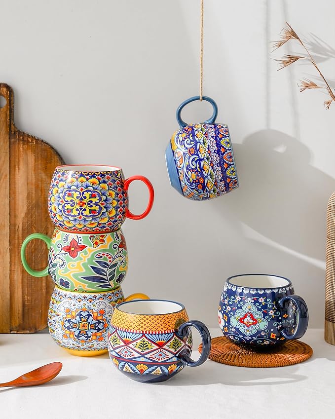 HENXFEN LEAD Boho Coffee Mugs 20 Ounce - Porcelain Cups for Latte, Tea, Cappuccino, Cocoa, Soup, Dishwasher, Microwave Safe, Christmas Gift Set of 6 - Bohemian Style