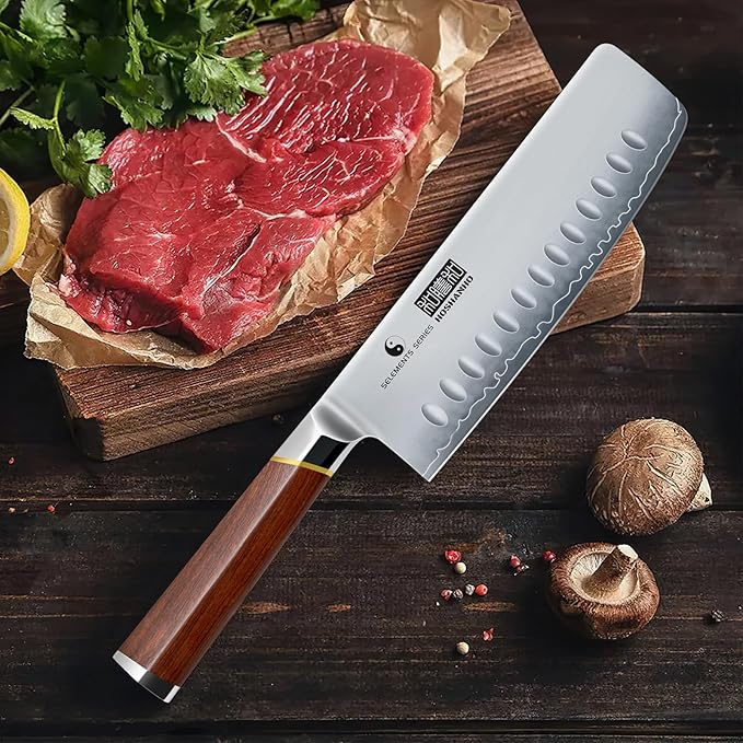 Nakiri Knife 7 Inch, Hand Forged Japanese High-corbon Steel Chef Knife, Multipurpose Meat and Vegetable Kitchen Knife with Red Sandal Wooden Handle & Gift Box