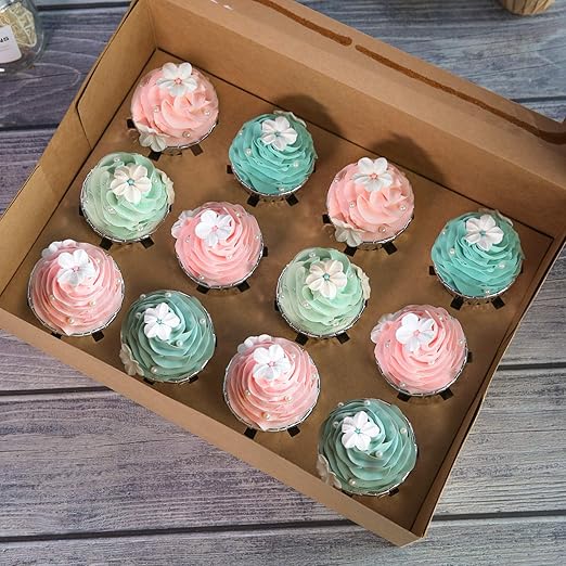 ONE MORE 15-Pack Brown Cupcake Boxes 12 Holders Cake Carrier Food Grade Kraft Pop-up Bakery Boxes 13.8 x 9.5 x 4inch with Inserts and PVC Windows Fits 12 Cavity Cupcake Pack of 15