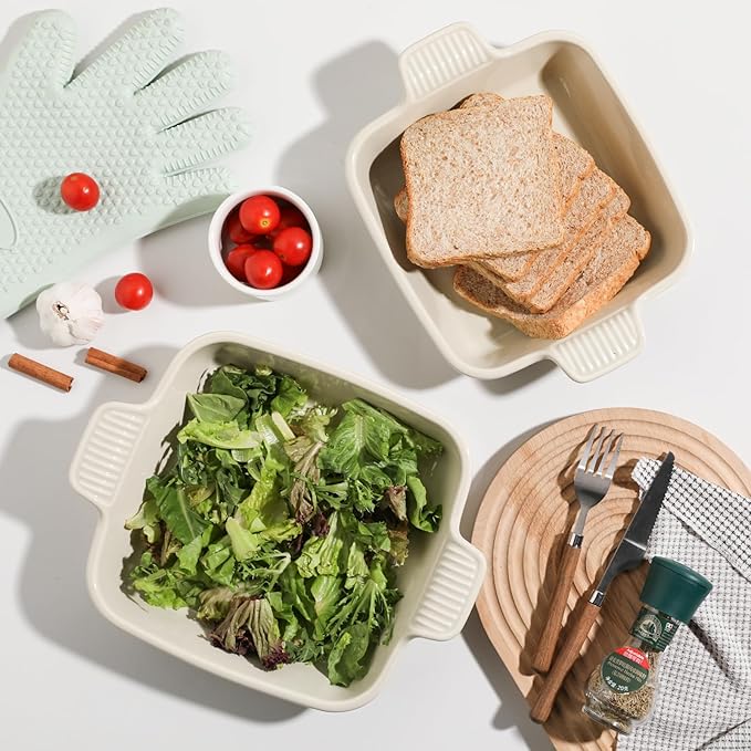 Sweejar Ceramic Baking Dish, 9 x 9 Cake Baking Pan for Brownie, Porcelain Square Bakeware with Double Handle for Casserole, Lasagna, Family Dinner (Beige)