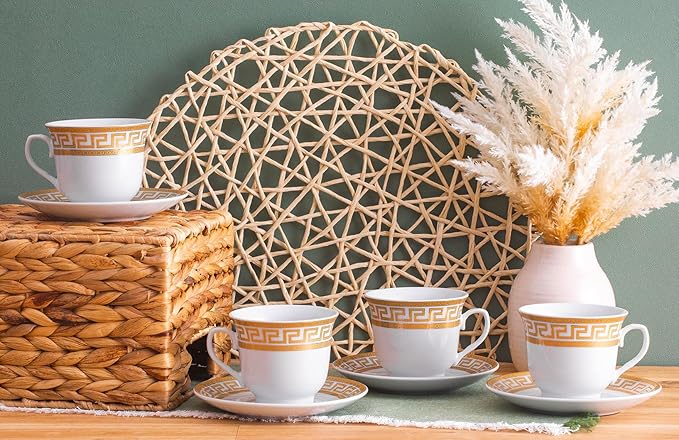 Porcelain Tea Set 8 Piece - White with Gold Greek Key Design - 5.5 Inch Saucers, 6.5 oz Cups - Perfect for Parties, Cappuccino, Black Tea, Vintage Home Decor (Meander Gold 3008, 8 Piece)