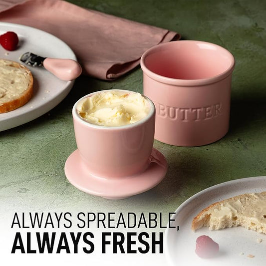 Zulay Kitchen Porcelain Butter Crock With Lid & Knife - Authentic French Butter Dish For Fresh & Spreadable Butter - Pink