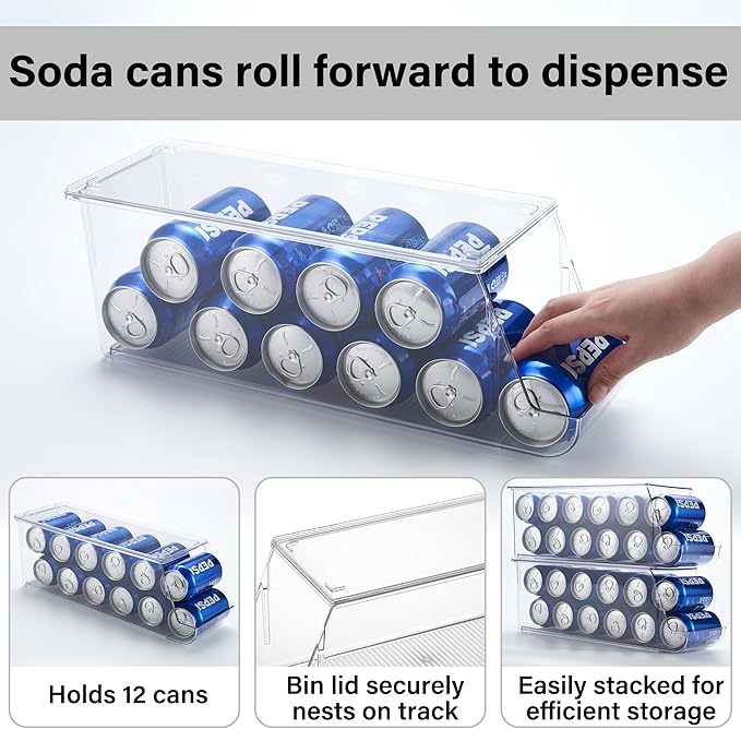 Prsildan Large Soda Can Organizer with Lid, Rolling Soda Dispenser for Refrigerator, Clear Acrylic Drink Dispenser for Fridge Organizer Bins - Stackable Pantry Storage - Holds 12 Cans Each - 2 Pack
