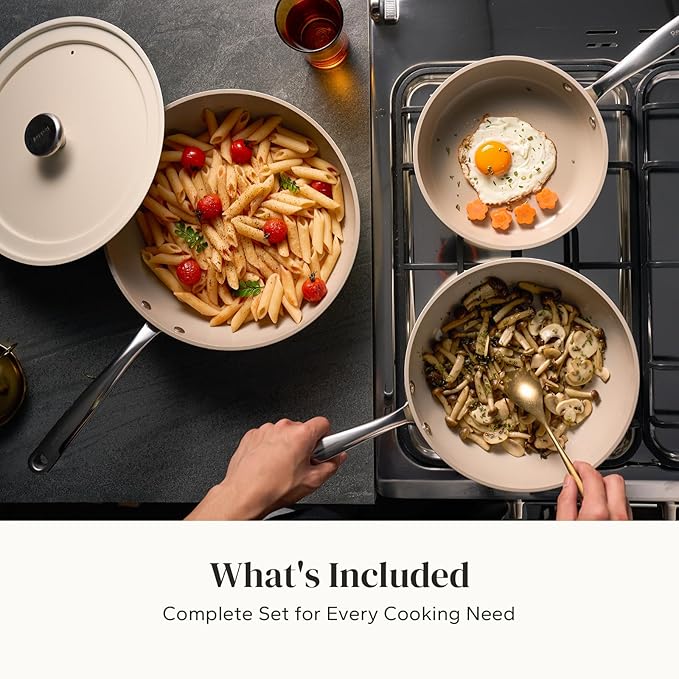 Redchef Ceramic Frying Pans, 4-Piece Non Stick Frying Pans, Non Toxic Skillet with Lid, Ceramic Cookware Set, 8" 9.5" 11" Egg Saute Pan, PFAS & PTFE & PFOA Free, Dishwasher & Oven Safe, Beige White