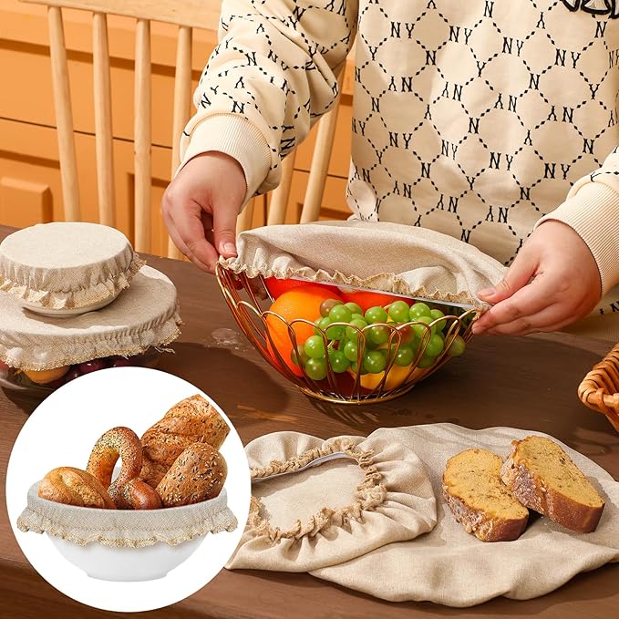 Patelai 10 Pcs Bowl Covers Reusable in 5 Size Stretch Cloth Fabric Elastic Food Storage Bowl Covers Bread Sourdough Lids for Proofing Food Fruits Leftover(Beige Style)