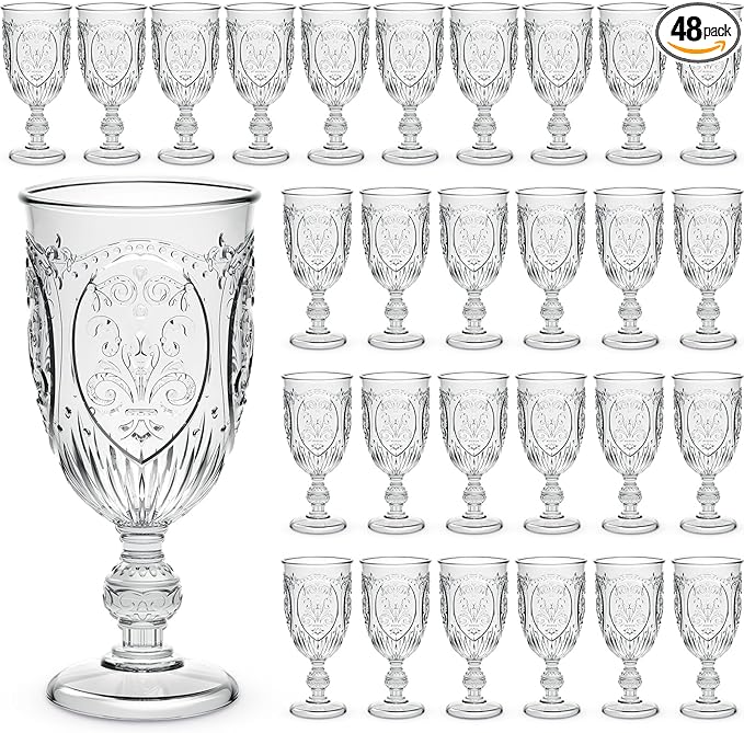 48 Pcs Plastic Goblets 7.5oz Vintage Goblet Plastic Wine Glasses Colored Retro Embossed Water Goblets for Wine Bar Juice Baby Shower Wedding Reception Grand Event Party (Clear)