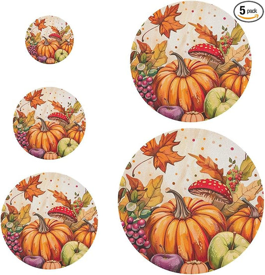 5 Pcs Bowl Covers Reusable in 5 Size Elastic Food Cover Cloth Lids Fresh Keeping Dish Cookware Bakeware Fabric Covers Lids for Food Leftovers Fruits Storage Fall Harvest Pumpkins Mushroom O