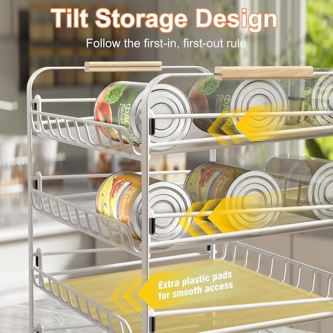 MAXIFFE 4 Tier Can Organizer, Space-Saving Easy Assembly Adjustable Sturdy Metal Hold 48 Cans Storage Holder Rack Dispenser for Pantry Kitchen Cabinet Countertop RV, for Soda Drinks Fruits, White