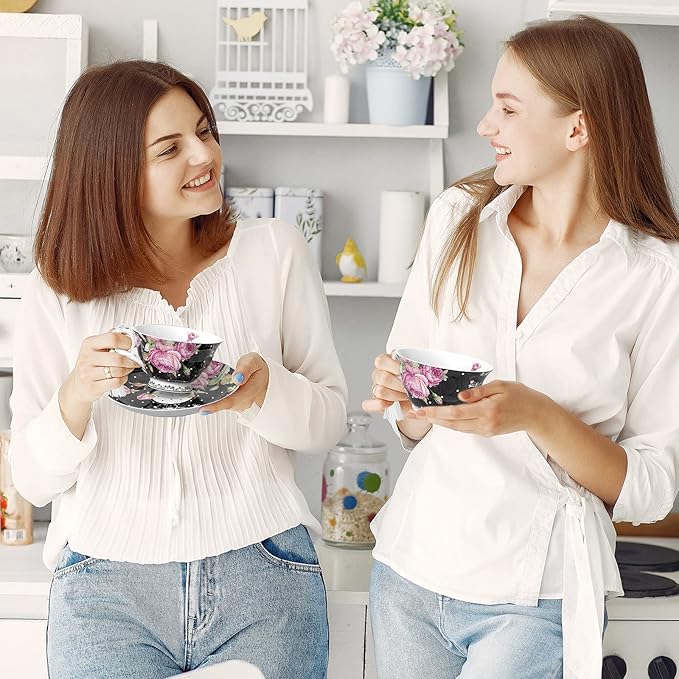 London Boutique Tea Cup and Saucer Set 2 Afternoon Tea Set New Bone China Vintage Flora Gift Box 200m (Black)