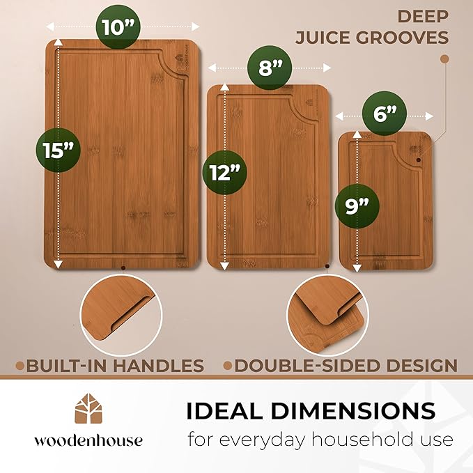 Wood Cutting Boards Set of 3 – Thick & Sturdy Bamboo Cutting Board with Deep Juice Grooves & Build-in Handles, Large Surface, Easy to Clean – for Meat, Vegetables and Fruits