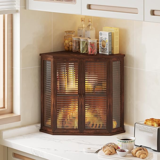 Corner bread box Bread Box for Kitchen Countertop - Corner Bread Storage Box 16.5" H, Premium Pine Wood with Glass Door, Perfect for Homemade Bread, Baguettes & Pastries (Brown)