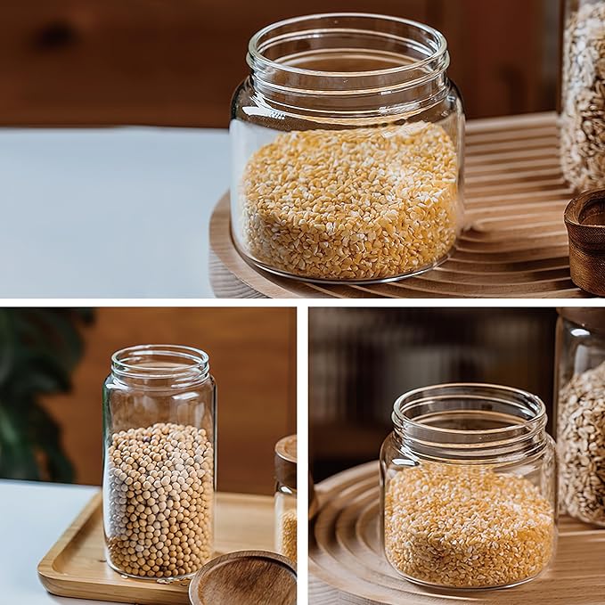 3 Pack 17 oz/500ml Clear Glass Storage Canister with Airtight Wooden Screw On Lid, Small Cute Decorative Glass Container Jar Set for Coffee, Candy, Cookie, Condiment, Pepper, Sugar, Oatmeal