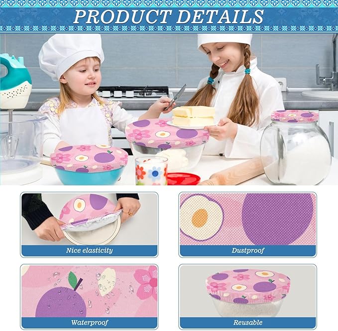 5 Pcs Bowl Covers Reusable in 5 Size Elastic Food Cover Cloth Lids Fresh Keeping Dish Cookware Bakeware Fabric Covers Lids for Food Leftovers Fruits Storage Vintage Plum Fruit Flowers Purple
