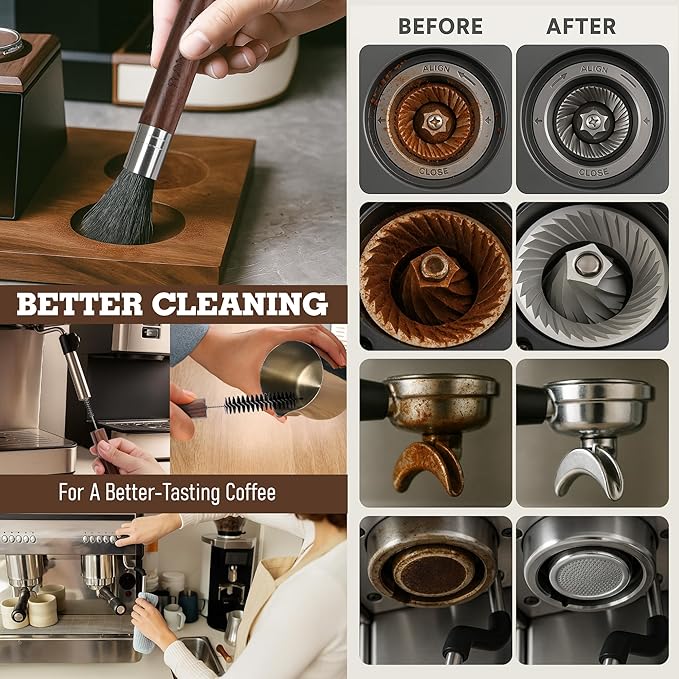 Takavu Coffee Grinder Cleaning Kit – 5pcs Boar Bristle Grinder Brush, Detail Scrub Brush, Steam Wand Brushes & Microfiber Towel for Espresso Machine Coffee Maker Pour Over
