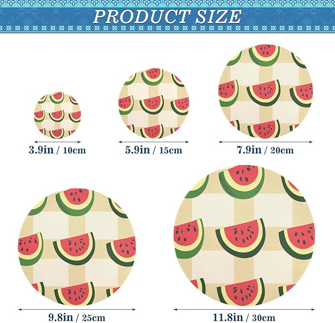 5 Pcs Bowl Covers Reusable in 5 Size Elastic Food Cover Cloth Lids Fresh Keeping Dish Cookware Bakeware Fabric Covers Lids for Food Leftovers Fruits Storage Cute Watermelon Slices Checkered