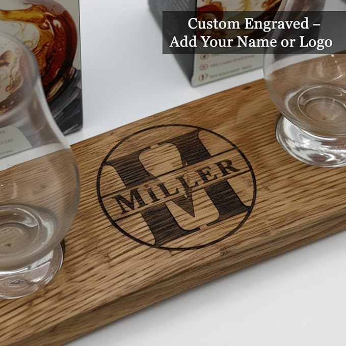 Personalized Premium 4 glass whiskey flight/engraved center/personalized gift/Crystal glass option/Natural oak color (Circle Split letter Monogram)