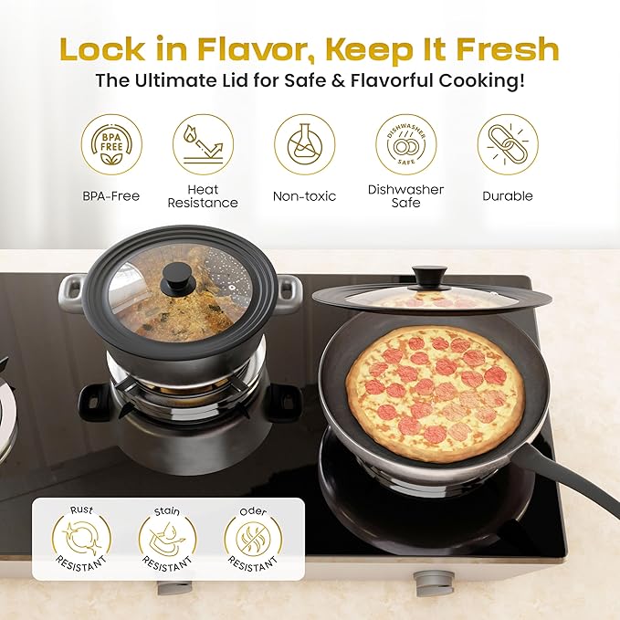 Universal Lid for Pots Pans & Skillet Size 7, 7.5, 8, 8.5, 9, 9.5,10, 10.5,11 & 11.5" Inches Cookware - Tempered Glass Lid with Silicone Rim (Two Pack - Black)