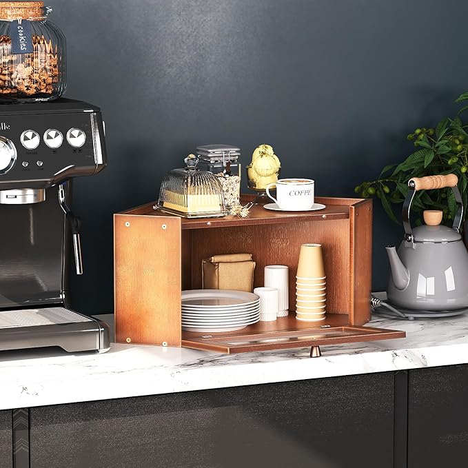 Corner Bamboo Bread Box for Kitchen Counter Large Capacity Rustic Bread Storage Container with Wavy Arcylic Transparent Door Vintage Storage for Homemade Bread (Brown)