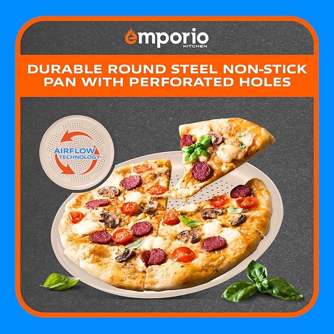 Non-Stick Pizza Pan 2 Pack – 16 Inch Round Carbon Steel Pizza Tray with Perforated Holes, PFOAPFOSPTFE-Free, Dishwasher & Oven Safe Up To 450°F, Durable Nonstick White Marble Coating