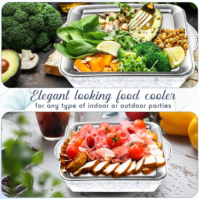 Baderke 4 Set 9" Chilled Serving Tray for Parties with Compartments Ice Chilled Party Platter Charcuterie Serving Board Cold Dish Dip with Forks Tongs for Fruit Seafood Vegetable Appetizer (Silver)