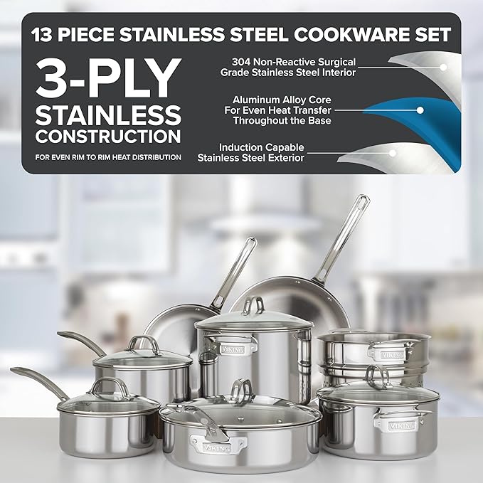 Viking 3-Ply Pots and Pans Set, 13 Piece Stainless Steel Cookware, Glass Lids, Strainer, Silver