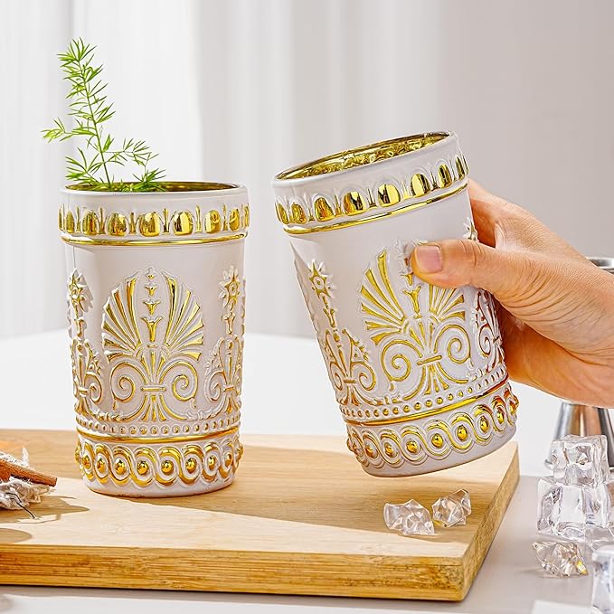 Sungmor Vintage White and Gold Tumblers - Set of 2 Embossed Glasses, 10.8 oz Decorative Drinking Cups for Water, Juice or Cocktails - Elegant Baroque Glassware for Party or Special Occasions