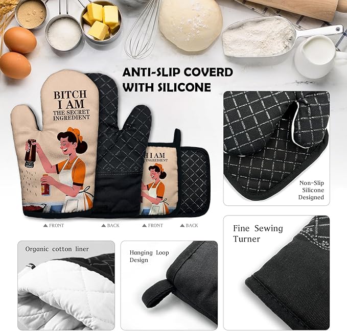 ZHANTUONE Bixxh I Am The Secret Ingredient Funny Heat Resistant Oven Mitts and Pot Holders Set with Silicone Non-Slip, Hostess Cooking Baking Gadgets, Gifts for Women Bake Lover, Housewarming Gifts